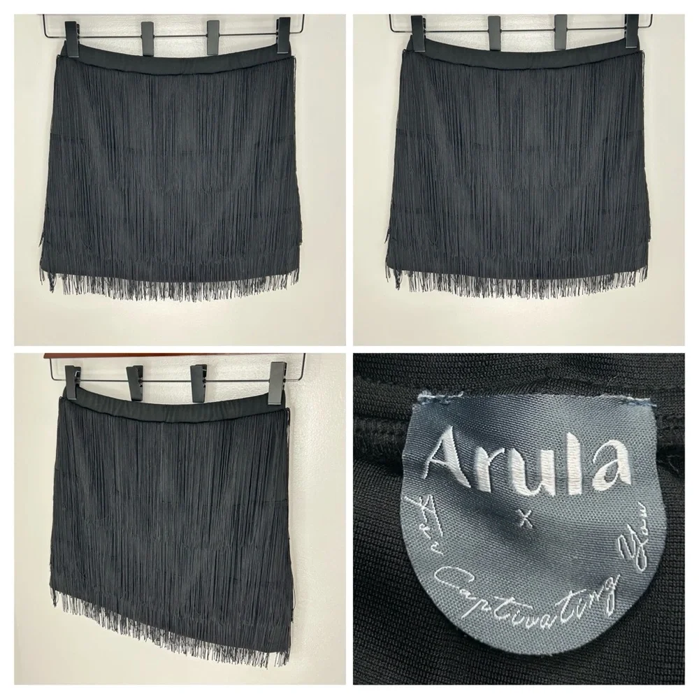Arula Women’s Black Fringe Mini Skirt Size XL Boho Western Festival Party‎ Chic